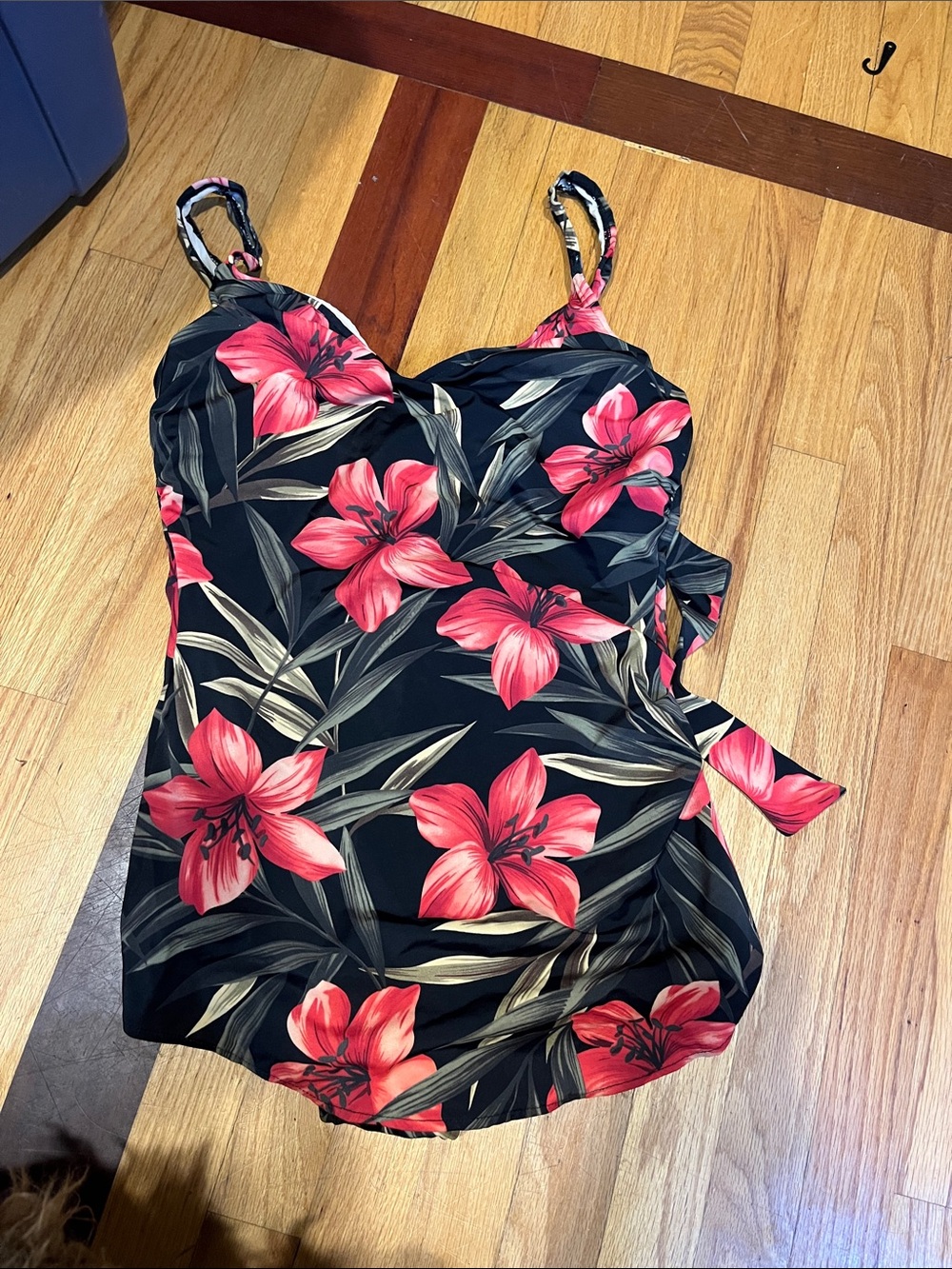 Black Floral Tropical Tankini Top with Pink Lilies